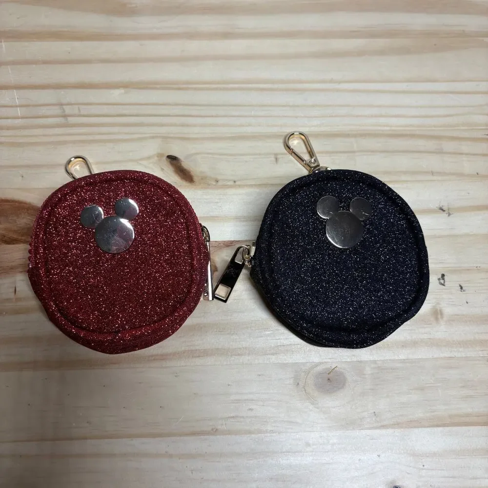 Disney Mickey Mouse Coin Purse Black Red Glitter Shimmer Zip Around -- Lot of 2